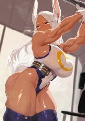1girls athletic breasts breath brown_skin clothing curvy dark-skinned_female dark_skin female female_only glistening gloves hero_outfit_(mha) heroine huge_breasts leotard long_eyelashes looking_away miruko muscular muscular_female my_hero_academia rabbit_ears rabbit_girl rabbit_tail red_eyes revealing_clothes rumi_usagiyama sideboob skin_tight skindentation solo solo_female steam sui_yamami sweat sweaty_body thick_thighs thighhighs white_hair workout