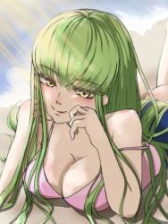 1girls big_breasts blush c.c. cleavage code_geass female green_hair kuromialov laying_down legs_up long_hair smile solo yellow_eyes