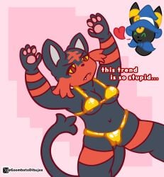 anthro bikini black_body clothing domestic_cat eeveelution english_text fan_character felid feline felis female fur generation_2_pokemon generation_7_pokemon golden_week goombato_dibujos goombato_umbreon heart hi_res litten mammal nintendo paws pokemon pokemon_(species) red_body simple_background solo swimwear tail text two-piece_swimsuit umbreon yellow_eyes