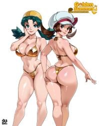 2girls absurdres ass bikini blue_eyes breasts brown_eyes brown_hair curvy female from_behind gold_bikini hat highres kris_(pokemon) kyoffie large_breasts looking_at_viewer looking_back lyra_(pokemon) micro_bikini multiple_girls parted_lips pokemon pokemon_gsc pokemon_hgss simple_background smile standing swimsuit thighs twintails white_background white_hat yellow_hat