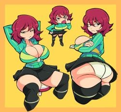 1girls arm_up arms_behind_head arms_up bananawithas black_eyes black_legwear clothed crossed_arms female freckles freckles_on_ass freckles_on_breasts freckles_on_face hand_on_hip kim_pine legwear looking_back open_clothes open_jacket panties rear_view red_hair scott_pilgrim short_hair stockings thighhighs tongue_out white_panties