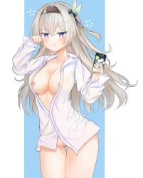 absurdres black_hairband blue_background blue_pupils border breasts cellphone collarbone collared_shirt commentary cowboy_shot dot_nose female firefly_(honkai:_star_rail) grey_hair hair_between_eyes hairband hands_up highres holding holding_phone honkai:_star_rail honkai_(series) large_breasts long_hair long_sleeves looking_at_viewer naked_shirt nipple_slip nipples nokchya_ame open_clothes open_shirt outside_border phone purple_eyes pussy rubbing_eyes shirt sleepy smartphone solo squeans uncensored white_border white_shirt