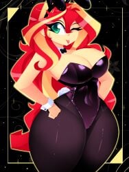 1girls 2025 2d 2d_(artwork) 2d_artwork big_thighs black_background black_clothing breasts bunny_ears bunny_girl bunnysuit cleavage colored_skin curvaceous curvaceous_female curvaceous_figure curvy curvy_body curvy_female curvy_figure digital_media_(artwork) emerald_eyes enormous_thighs equestria_girls fake_animal_ears fake_rabbit_ears female female_only friendship_is_magic green_eyes hand_on_hip hands_on_hips hasbro high_quality hourglass_figure huge_breasts large_thighs leotard looking_at_viewer my_little_pony no_ai one_eye_closed one_eye_open playboy playboy_bunny playboy_bunny_costume playboy_bunny_leotard playboy_outfit pose posing slim_waist smile smiling solo strapless strapless_leotard sunset_shimmer thick_thighs tongue tongue_out wide_hips wink winking_at_viewer xan-gelx(xan) yellow-skinned_female yellow_body yellow_skin