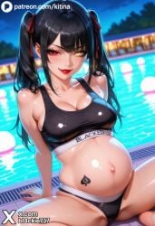 1girls ai_generated bare_legs bare_shoulders belly big_belly big_breasts black_clothing black_hair blacked blacked_clothing conquered female female_only front_view heterochromia horny interracial legs_spread light-skinned_female looking_at_viewer netorare night ntr outdoors panties pool pregnant_female public qos qos_tattoo queen_of_spades red_lipstick sexy smiling snowbunny spade_tattoo sports_bra sportswear tattoo tattoo_on_belly