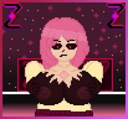 1boy 1girls big_breasts black_eyes female glitchtale hands huge_breasts irritated legs male netty_(zixy) oc orginal_character paizuri penis penis_between_breasts pink_eyes pink_hair pixel pixel_(artwork) pixel_art self_upload undertale_au zixy