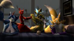 16:9 3d anthro bandai_namco blue_body blue_eyes bone breasts canid canine canis crossover curvy_figure digimon digimon_(species) digital_media_(artwork) felid feline female female/female fox generation_7_pokemon group guilmon hi_res humanoid krystal krystal_(star_fox) legendary_pokemon looking_at_viewer lying mammal nintendo nude photolol.03 pokemon pokemon_(species) red_body renamon scalie skeleton source_filmmaker_(artwork) star_fox thick_thighs warfare_krystal warfare_machine warfare_renamon warfare_zeraora wide_hips widescreen yellow_body zeraora