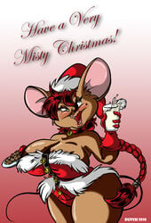 anthro big_breasts blush breasts brown_fur christmas clothes cup drink female female_only fur furry furry_ears holding huge_breasts mammal milk misty_the_mouse mouse red_hair rodent round_ears smile solo standing tagme tail