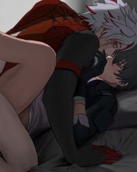 2boys absurdres all_fours artist_name bandaged_hand bandages bed black_gloves black_hair black_jacket claws coat covered_mouth feet_out_of_frame gloves grey_hair hair_between_eyes hand_up highres implied_sex jacket leg_up long_sleeves looking_at_another looking_at_viewer looking_up lying male male_focus male_rover_(wuthering_waves) multicolored_hair multiple_boys nyleonst on_back on_bed one_eye_closed open_clothes open_jacket pillow red_coat red_eyes red_hair rover_(wuthering_waves) scar scar_(wuthering_waves) scar_across_eye scar_on_face sex shirt short_hair simple_background t-shirt two-tone_hair white_background white_shirt wuthering_waves yaoi yellow_eyes