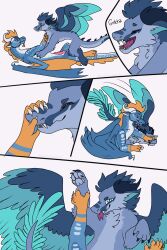 absurd_res all_fours anthro back_spikes bioluminescence blue_body blue_eyes blue_feathers cheek_tuft claws comic dominant dorsal_fin dragon duo facial_tuft fangs feathered_tail feathered_wings feathers fin fluffy fur furred_dragon furred_scalie genitals glowing hi_res holding_down lying male male/male markings membrane_(anatomy) membranous_wings mythological_creature mythological_scalie mythology on_back on_top_of_another orange_eyes paye_nappeule penis playful scalie serdagonn_(character) sex snout spikes spikes_(anatomy) submissive sweven_(character) tail teeth trans_(lore) trans_man_(lore) tuft wings