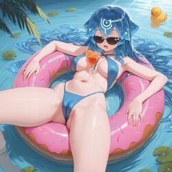 1girl ai_generated bao_(vtuber) bikini blue_hair cameltoe female floatie in_water large_breasts long_hair martini mouth_drool open_mouth sleeping thighs virtual_youtuber water whale_girl