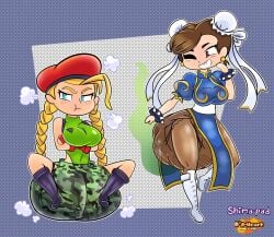 2girls blush cammy_white cel_shading chun-li diaper female messy_diaper pout shimapad simple_background smiling smiling_at_diaper smiling_at_self stink_lines street_fighter wink