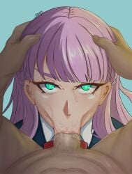 1boy fellatio female green_eyes hand_on_head led103 oral penis pov purple_hair saliva school_uniform vacuum_fellatio wien_margarete