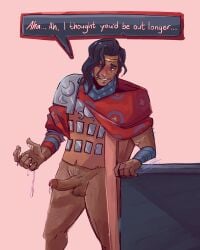 black_hair blush brown_skin caught caught_in_the_act caught_masturbating cock cum cum_on_hands cum_on_tip dilf dilf_bottom exposed_penis greek_male hades_(game) hades_2 hot masturbation nervous nervous_smile odysseus odysseus_(hades) one_male semen sexy sexy_body slutty_daddy sweat sweatdrop sweating sweaty testicles text_bubble thighs wearing_clothes