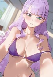 ai_generated bikini breasts cleavage female green_eyes levia9781 love_live! love_live!_superstar!! purple_hair solo stomach swimsuit thighs wien_margarete