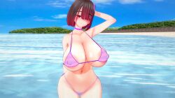 bete_noire betty_noire big_breasts big_breasts big_nipples bikini bra brown_hair cloud glitchtale nipples panties purple_bra purple_panties red_eyes red_hair sand short_hair sky trees visible_nipples water