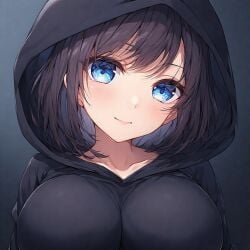 ai_generated big_breasts black_hair blue_eyes cleavage hoodie perchance_ai tagme