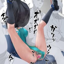 3boys anal anal_object_insertion anus aqua_one-piece_swimsuit black_shoes black_socks breasts censored commentary_request female kneehighs large_breasts legs_up mosaic_censoring multiple_boys murakami_suigun nipple_rub nipple_rub_through_clothes nipple_stimulation object_insertion one-piece_swimsuit original paid_reward_available pussy pussy_juice restrained shoes sitting socks swimsuit through_clothes train_interior vaginal_object_insertion vaginal_penetration variant_set