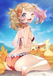 alternate_hairstyle ass back backboob bare_arms bare_legs bare_shoulders bare_thighs barefoot beach bikini blue_eyes blush brown_hair feet hairpin may_(pokemon) medium_breasts medium_hair one_eye_closed open_mouth outdoors pokemon red_bikini rindoriko shoulder_blades smile thighs toes twintails wariza