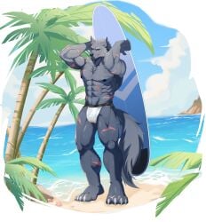 567wzh abs absurd_res anthro beach biceps blaidd_(elden_ring) bulge canid canine canis clothing cloud elden_ring fromsoftware hi_res jockstrap male mammal muscular muscular_anthro muscular_male one_eye_closed outside palm_tree pecs plant scar scars_all_over sea surfboard tree underwear water wolf