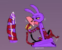 absurd_res animate_inanimate anthro ari_dibujitos bodily_fluids closed_eyes disembodied_penis duo fabric_creature female fur gangle_(tadc) gangle_(the_amazing_digital_circus) genitals glitch_productions hi_res humanoid humanoid_genitalia humanoid_penis jax_(tadc) jax_(the_amazing_digital_circus) lagomorph leporid living_mask male male/female mammal mask penis purple_body purple_fur rabbit red_ribbon ribbons the_amazing_digital_circus tongue tongue_out yellow_sclera