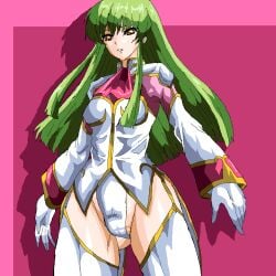 1girls c.c. cameltoe code_geass female gloves green_hair long_sleeves ninjinhetare333 pilot_suit solo thighhighs thighs yellow_eyes