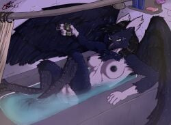 absurd_res anthro areola avian avian_feet bathing bathroom beak beverage_can bird black_areola breasts cassandra(zarallyn) curtains feathers female fluffy_chest fur green_eyes gryphon hi_res highlights_(coloring) holding_object ketsiantosetai mythological_avian mythological_creature mythology nipple_piercing nipples pawpads paws piercing shampoo_bottle soap solo tail tail_feathers white_highlights wings