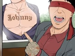 big_breasts big_pecs blindfold breasts gay johnny_cage johnny_cage_(new_era) kenshi_takahashi male meme meme_reference mortal_kombat mortal_kombat_1_(2023) muscular muscular_male netherrealm_studios niwut_t tattoo tattoo_on_chest woman_scared_of_breasts_(meme)