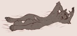 animal_genitalia anthro arm_tuft bedding canid canine cheek_tuft elbow_tuft facial_tuft genitals hair hi_res humanoid_genitalia humanoid_penis hybrid_genitalia hybrid_penis licking licking_lips licking_own_lips looking_at_viewer lying male male_anthro mammal monochrome narrowed_eyes neck_tuft nude on_back penis penis_tip seraphictiger sheath sheathed_humanoid_penis short_hair solo tongue tongue_out tuft