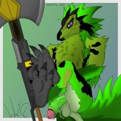 2_horns 3_toes big_balls biped bird_wyvern black_horn capcom gray_feet green_face green_facial_hair green_penis green_scales hairy_balls looking_at_viewer male_only monster_hunter non-human non-human_only paws pink_penis_tip seikret snout