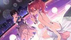 3girls ahoge alternate_costume anchorage_(azur_lane) ass azur_lane backless_dress backless_outfit baltimore_(azur_lane) bare_shoulders bikini black_bikini black_hair bracelet breasts bremerton_(azur_lane) brown_hair butt_crack cg choker cleavage criss-cross_halter dress dutch_angle evening_gown fireworks grey_hair hair_between_eyes hair_ornament halter_dress halterneck jewelry large_breasts long_hair looking_at_viewer medium_breasts multicolored_hair multiple_girls night night_sky official_alternate_costume official_art open_mouth outdoors pink_eyes pink_hair ponytail pool purple_eyes red_eyes red_hair seele_vollerei short_hair sideboob sidelocks sitting sky sleeveless smile streaked_hair swimsuit tongue tongue_out twintails two-tone_hair water
