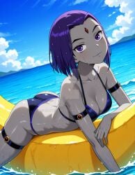 2025 ai_generated ass banana_peel beach_background black_eyebrows booty cartoon_network dc dc_comics dcau deviantart elryusam forehead_jewel grey_body grey_skin hand_on_water jewel_on_forehead meta not_porn ocean_background purple_bikini purple_bracelets purple_eyes_female purple_hair_female purple_legwear raven_(dc) raven_(teen_titans) red_cheeks teen_titans wet_bikini wet_body wet_hair wet_skin