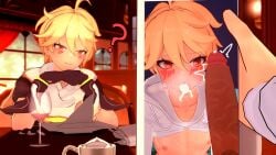 aether_(genshin_impact) alcohol bbc black_dick blonde_hair blush cum cum_in_mouth engiwhy femboy genshin_impact netorare nipples twink yaoi