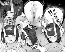 1boy :>= after_fellatio anus ass back bar_censor blunt_bangs blush breasts censored commentary commission cum cum_in_mouth cum_on_tongue deepthroat fate/grand_order fate_(series) fellatio female greyscale hair_ornament highres horns looking_at_viewer moketa monochrome multiple_views nipples oni oral penis petite pussy pussy_juice short_hair shuten_douji_(fate) skeb_commission skin-covered_horns small_breasts straight tongue tongue_out