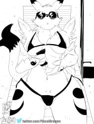 2019 bandai_namco bikini breasts canid canine clothed clothing digimon digimon_(species) digital_media_(artwork) eyewear female fur hi_res mammal monochrome open_mouth renamon solo sunglasses swimwear text twitter twitter_logo url viejillox