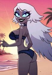 1girls 2024 aged_up ai_generated ass beach big_breasts black_lips black_lipstick blue_eyes blue_lingerie bra cyan_eyes dark-skinned_female dark_skin deviantart_link emily_(hazbin_hotel) female full_body hazbin_hotel lace-trimmed_bra lace-trimmed_panties lace_trim large_breasts lingerie lingerie_only lingerie_panties long_hair looking_at_viewer looking_over_shoulder makerdeviant panties solo standing sunset turquoise_eyes western_cartoon white_hair young younger_female
