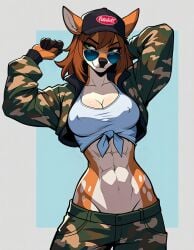 abs ai_generated anthro anthro_female arms_up aviator_sunglasses baseball_cap brown_body brown_fur brown_hair camo camo_clothing camo_print cervid countershading covered_nipples cropped_jacket deer female female furry green_eyes groin looking_over_eyewear lowleg lowleg_pants medium_breasts midriff navel nipple_bulge no_bra open_clothes peterbilt short_hair solo sunglasses tied_shirt white_shirt zorkpics