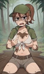 ai_generated ass bigmic145 breasts brown_hair cap cleavage dirty female front-tie_top glasses hat jacket julie_powers mud muddy navel netflix nude ponytail safari safari_hat safari_jacket scott_pilgrim scott_pilgrim_takes_off shorts tube_top tubetop