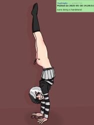 1girls anal_beads anal_slut blush bottomless egirl female handstand horny_female looking_at_viewer multicolored_hair no_panties oc self_upload skirt skirt_lift small_breasts subkate suna_(subkate) tally_marks upside-down white_and_black_hair