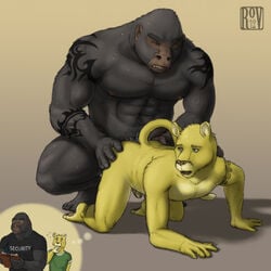 2boys abs anthro ape ass biceps bouncer clothing feline fur furry furry_only gay gorilla implied_sex lion male male_only muscles muscular pecs penetration penis rov shirt sweat tattoo