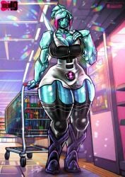 alien alien_female alien_girl ben_10 bluewolfartista boots breasts chaquetrix clothed clothing complex_background diamondhead high_boots hourglass_figure huge_breasts large_breasts mature_female milf milftrix no_pupils petrosapien pink_eyes pink_sclera ponytail short_hair taller_female taller_girl thick_thighs thighhighs thighs