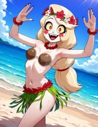 2025 ai_generated beach_background belly black_eyebrows black_lipstick blonde_female blonde_girl blonde_hair_female charlie_morningstar_(hazbin_hotel) coconut_bra deviantart elryusam female flower_in_hair hazbin_hotel hula_skirt meta not_porn open_mouth red_bracelets red_cheeks red_collar red_eyes red_hairband tummy vivziepop wet_body wet_clothes wet_skin yellow_dot_eyes youtube