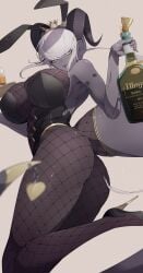 1girls alcohol armpits ass ass_focus black_body bottle breasts bunny_ears bunny_girl bunnysuit crown curly_horns dark-skinned_female dark_skin english_text female female_focus female_only fishnets gold_eyes hair_ornament headband headgear heart heels high_heels horns ill_(ub1mo) large_breasts looking_at_viewer mechanical open_mouth serving_tray solo solo_female solo_focus tagme tail tail_ornament text thick_tail thick_thighs thighs thin_waist ub1mo waitress whiskey white_background white_hair