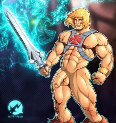 1boy blitzturner flaccid flaccid_penis he-man he_man male male_only masters_of_the_universe muscles muscular muscular_male posing precum precum_drip prince prince_adam semi-erect sword uncut veiny_penis