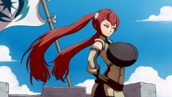 1girls alternate_breast_size bowtie breasts castle clouds female female_only fire_emblem fire_emblem_awakening flag frown huge_breasts long_hair looking_at_breasts looking_at_own_breasts nintendo outdoors red_eyes red_hair severa_(fire_emblem) sky solo twintails very_long_hair ydbunny