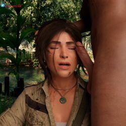 1boy 1girls 3d brown_hair closed_eyes erection female hetero lara_croft lara_croft_(survivor) male necklace penis penis_on_face ryoni4k small_penis tomb_raider tomb_raider_(survivor)