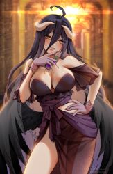 1girls 2022 ahoge albedo_(overlord) black_dress black_hair blush breasts demon demon_girl dress female female_only foxy_rain_(foxyreine) foxyrain_(foxyreine) foxyreine hand_on_hip hips horns huge_breasts indoors long_hair looking_at_viewer naughty_face overlord_(maruyama) slim_waist smile succubus succubus_horns succubus_wings suggestive_look thick_thighs thighs wide_hips wings yellow_eyes