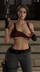 1girls 3d abs belly_button black_jeans blue_eyes breasts brown_hair capcom clothed_female crop_top female female_only fingerless_gloves fit_female jeans jill_valentine jill_valentine_(sasha_zotova) midriff midriff_baring_shirt mothana_3d necklace nipples one_breast_out resident_evil resident_evil_3 resident_evil_3_remake short_hair showing_off skimpy_clothes small_shirt solo tank_top_lift thick thick_thighs tiny_shirt top_pulled_down underboob