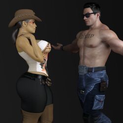 3d apex_legends bare_arms bare_shoulders breasts crossover dark-skinned_female dark_skin female/male gm_studios hat hug_invitation huge_breasts imminent_sex johnny_cage large_breasts loba loba_(apex_legends) loba_andrade male/female mortal_kombat mortal_kombat_11 pale-skinned_male shorts spread_arms straight sunglasses tattoo topwear