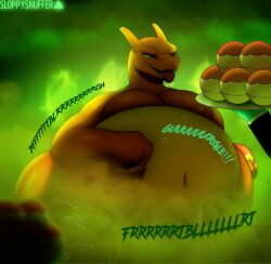 anthro belly belly_overhang big_belly big_penis bloated charizard dragon fart fart_cloud fart_fetish food from_front_position genitals green_eyes gurgling_noise hi_res holding_food holding_object huge_fart huge_thighs hyper hyper_belly looking_at_another looking_pleasured male moobs motion_lines multicolored_body muscular muscular_male navel nintendo orange_body organs overweight overweight_male penis pokémon_(species) pokemon pokemon_(species) rumbling_stomach solo sound_effects stomach thick_thighs tongue tongue_out two_tone_body video_games wide_hips zexyprof