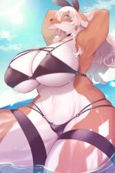 anthro armpits big_breasts bikini breasts clothed clothing female fur genitals hair kemono mammal outside pussy shiki_2p smile solo swimwear white_body